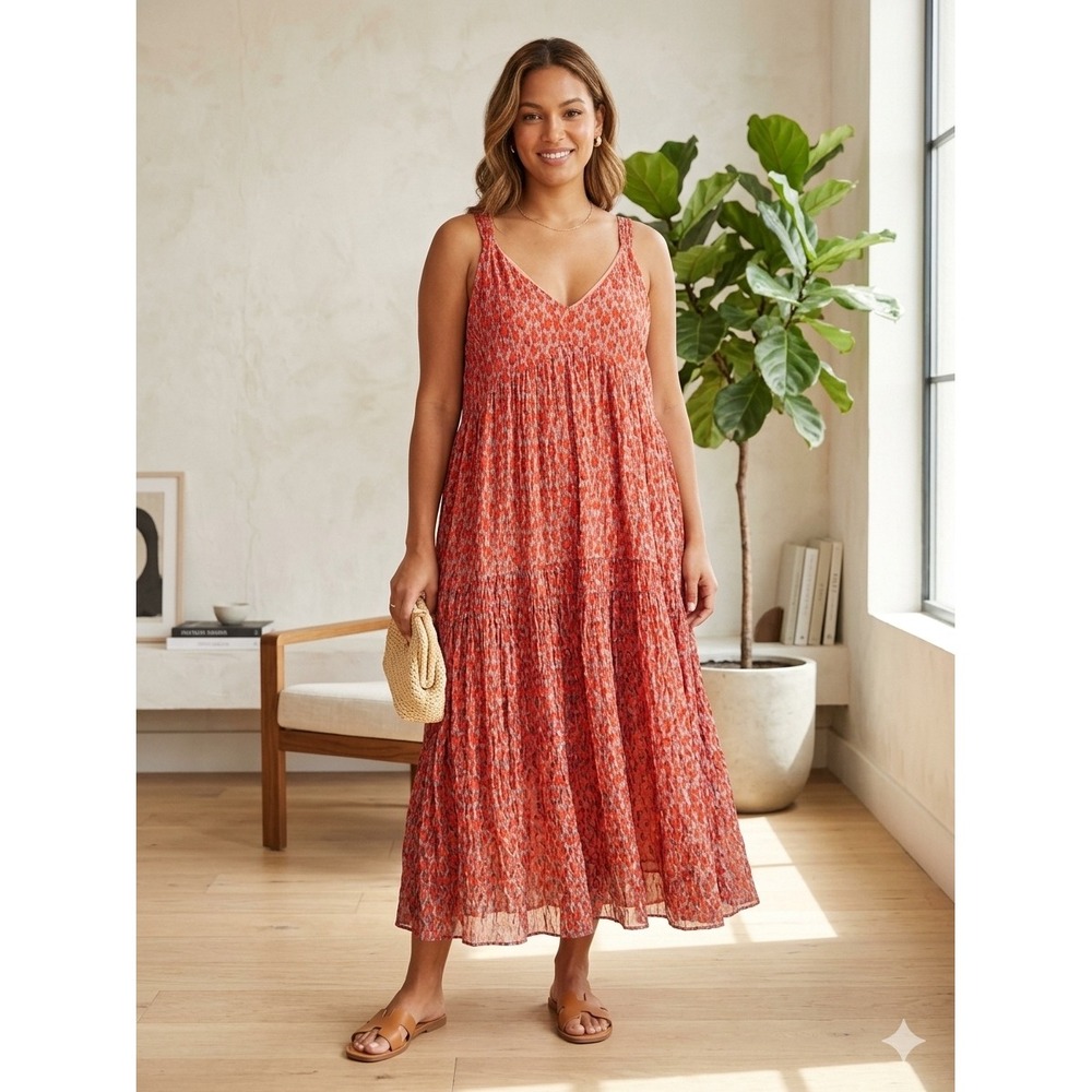 Joie Red Pink Ikat Floral Cotton Tiered Maxi Dress XL Sleeveless V-Neck Boho